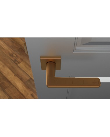Poignée de porte en zamak SETIA  quincaillerie design couleur 3 vue de haut montée sur une porte