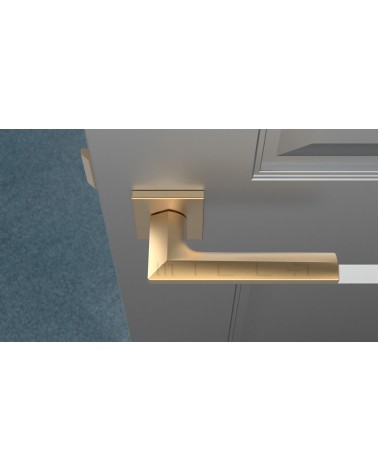 Poignée de porte en zamak JASMINA poignée design couleur 3 vue de haut inclinée montée sur une porte