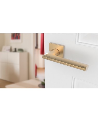 Poignée de porte en zamak JASMINA poignée design couleur 3 vue de haut inclinée montée sur une porte