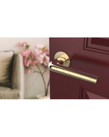 Poignée de porte ronde FUNKIA poignée design couleur 1 vue de haut inclinée montée sur une porte