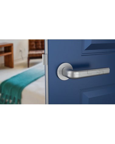Poignée de porte chrome satiné INULLA poignée design vue de face montée sur une porte