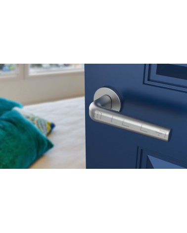 Poignée de porte chrome satiné INULLA poignée design vue inclinée montée sur une porte