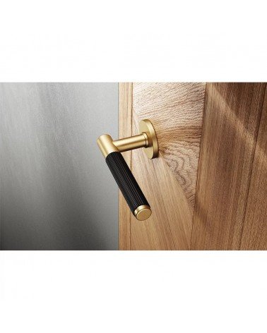 Poignées de porte bicolore Slim poignée design dorée et noire montée sur une porte