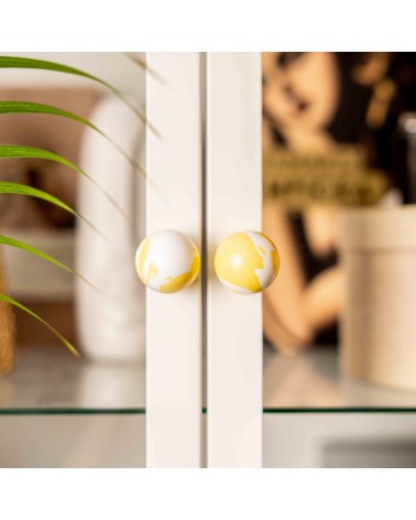 Bouton de meuble en bois de hêtre jaune poignée design vue de face rapprochée montée sur une porte vitrée