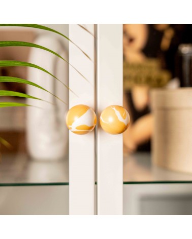 Bouton de meuble en bois de hêtre orange poignée design vue de face rapprochée monté sur une porte vitrée