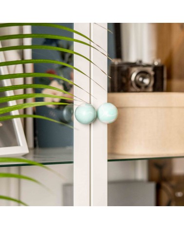 Bouton de meuble en bois de hêtre Aqua poignée design vue de face installée sur une porte vitrée