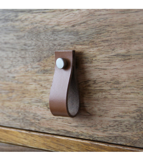 Bouton de meuble tirette en cuir fauve clair