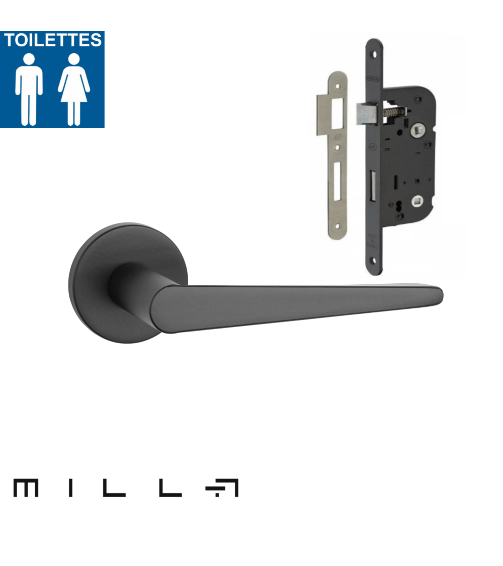 Poignée de porte noire avec une serrure WC noire pour une porte de toilette sur un fond blanc