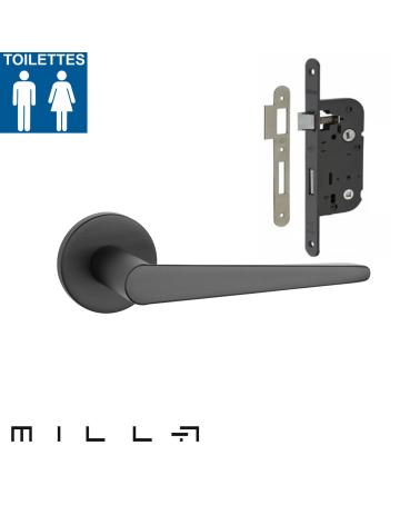 Poignée de porte noire avec une serrure WC noire pour une porte de toilette sur un fond blanc