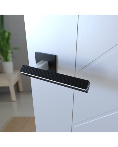 Poignée de porte bicolore chrome brossé/noire CARRERA poignée design vue de haut montée sur une porte