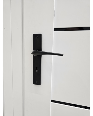 poignée de porte noire ADEL sur une porte blanche, vue de pret