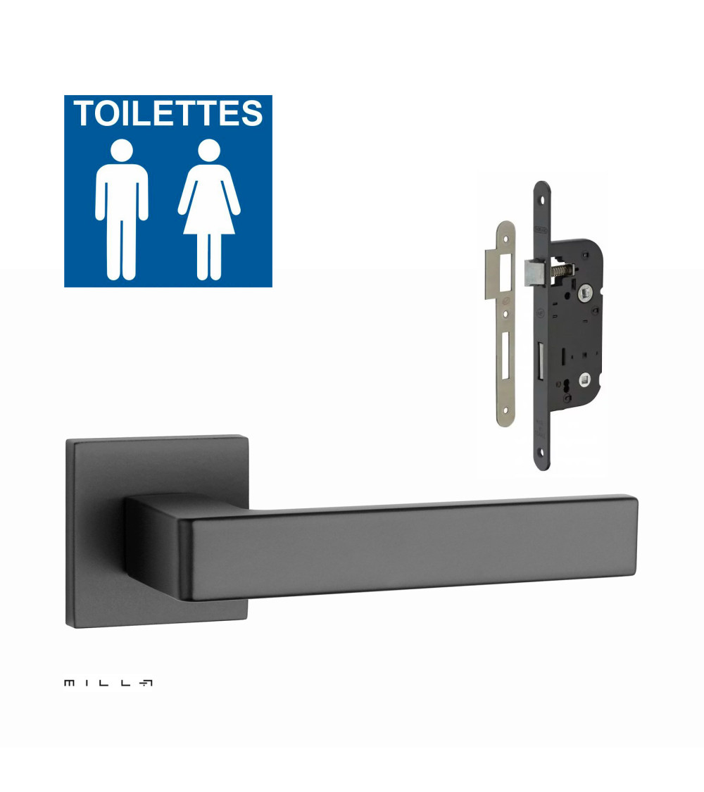Set poignée de porte noire SULLA avec la serrure WC noire sur fond blanc