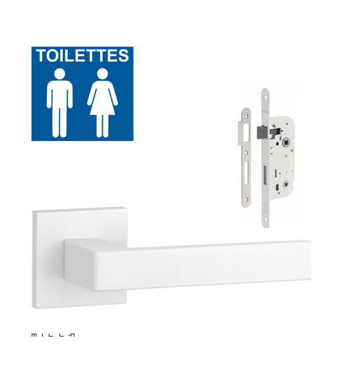 Set poignée de porte blanche SULLA avec la serrure WC blanche sur fond blanc