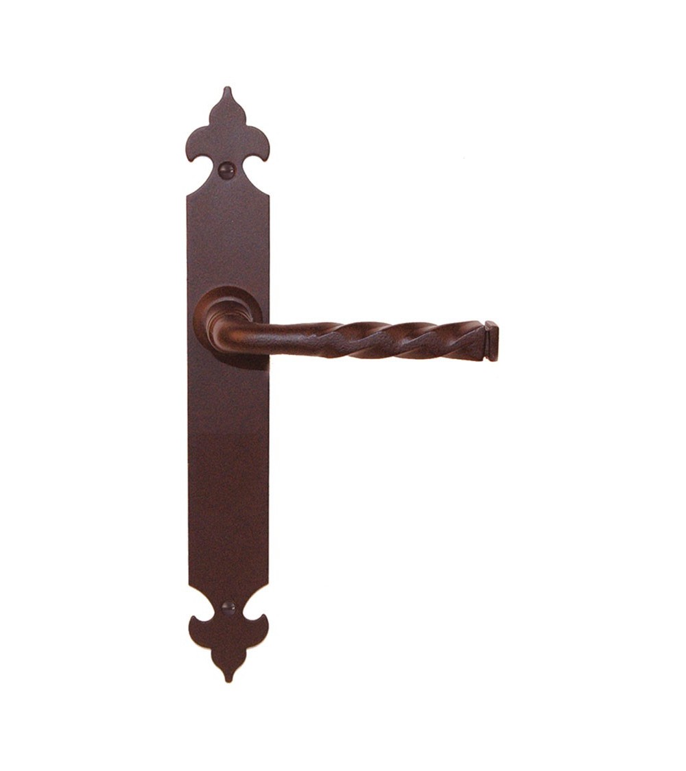 Poignée de porte intérieure sur plaque longitudinale rustique en finition rouiller