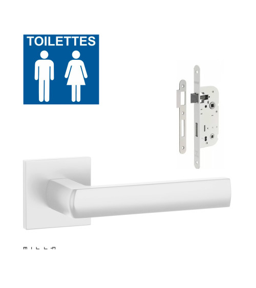 Set poignée de porte blanche HOSTA avec la serrure WC blanche sur fond blanc