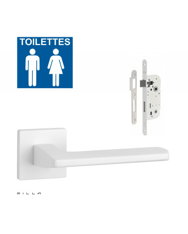 Set poignée de porte blanche YUKA avec la serrure WC blanche sur fond blanc