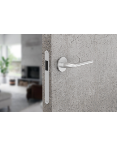 Poignée de porte chrome satiné Scandi slim quincaillerie design montée sur une porte