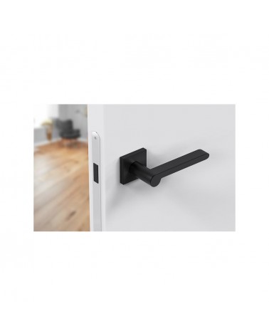 Poignée de porte noire Pandora quincaillerie design vue de haut montée sur une porte