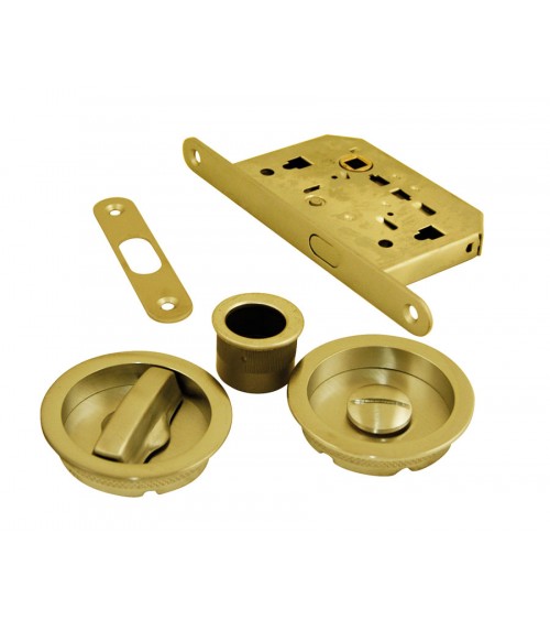 Poignée à encastréer or poli ronde, à condamnation avec serrure pour porte coulissante -  quincaillerie design