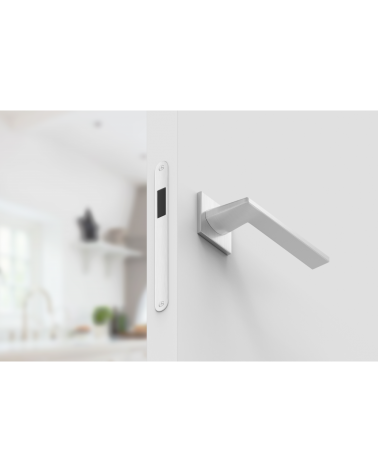 Poignée de porte chrome satiné Harmony poignée design vue de bas montée sur une porte