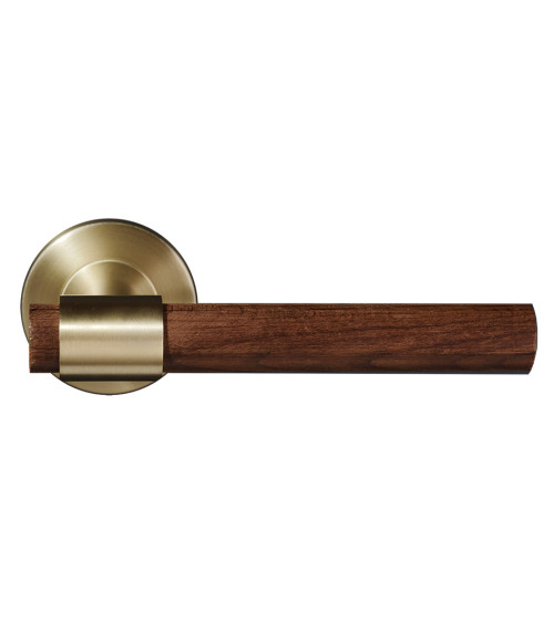Poignée de porte en bois naturel de hêtre foncé traité et dorée mat - Iraty