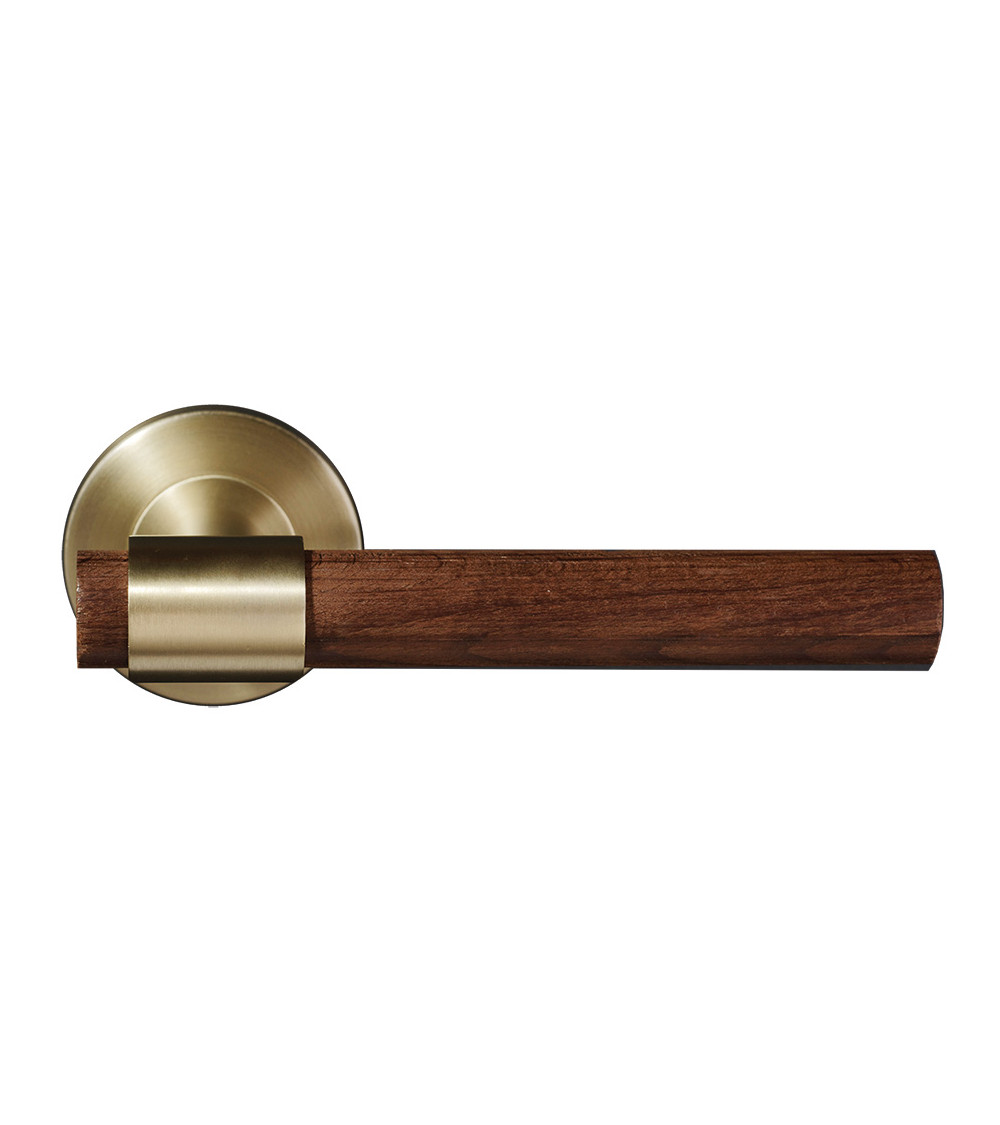 Poignée de porte en bois naturel de hêtre foncé traité et dorée mat - Iraty