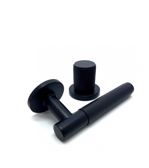Duo asymétrique poignée et bouton de porte texturée noire Time poignée design alignés horizontalement