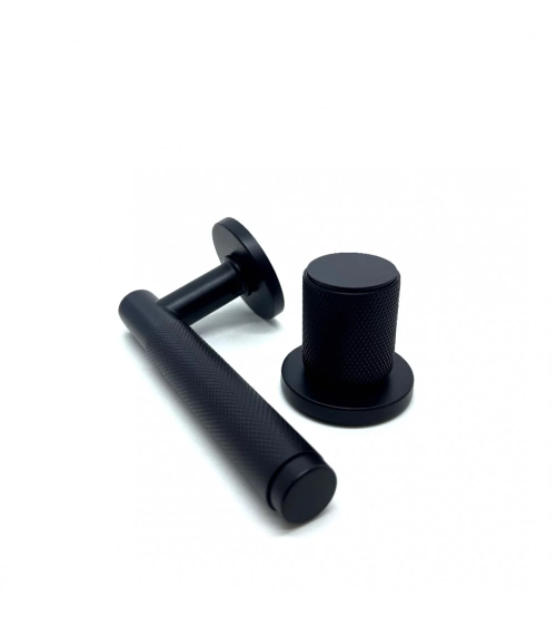 Duo asymétrique poignée et bouton de porte texturée noire Time poignée design alignés horizontalement
