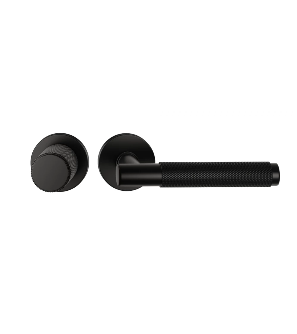 Duo asymétrique poignée et bouton de porte texturée noire Time poignée design alignés horizontalement