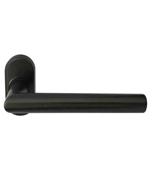 poignée de porte noire sur une rosace ovale pour un profil etroit sur un fond blanc