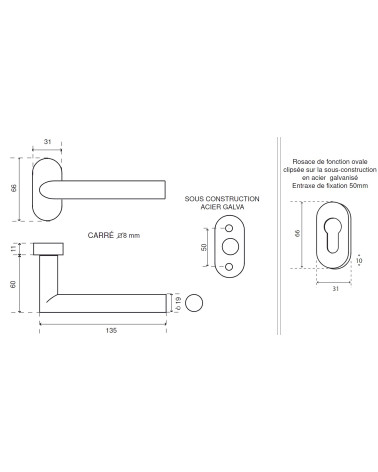 dimensions de la poignée de porte noire sur une rosace ovale pour un profil étroit