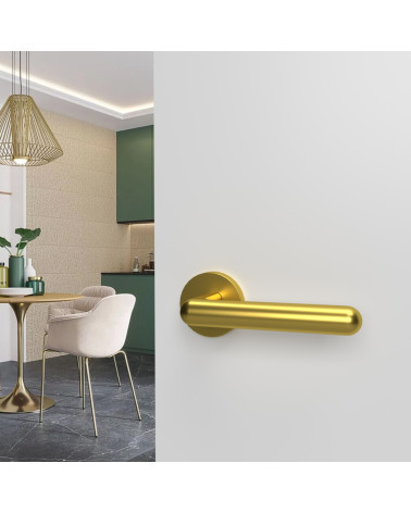 Poignée de porte or poli NOX quincaillerie design montée sur une porte ouverte