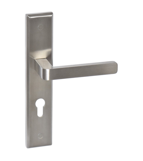 Poignée de porte en inox sur plaque longue model Soho Prestige avec trou cylindre - millapoignees