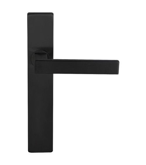 Poignée de porte noire sur plaque rectangulaire à fixations invisibles, entraxe 70 - modèle Majestea