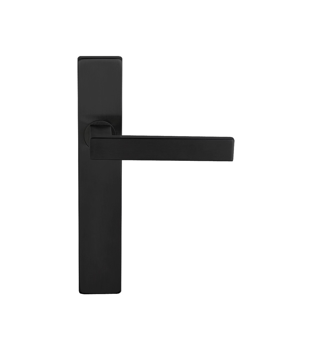 Poignée de porte noire sur plaque rectangulaire à fixations invisibles, entraxe 70 - modèle Majestea