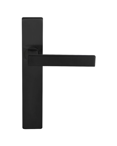 Poignée de porte noire sur plaque rectangulaire à fixations invisibles, entraxe 70 - modèle Majestea