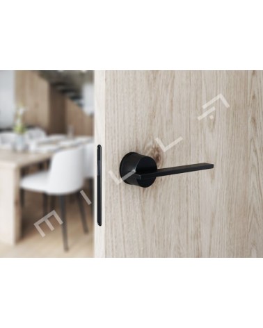 Poignée de porte futuriste JUMELLE poignée design vue de face montée sur une porte entrouverte