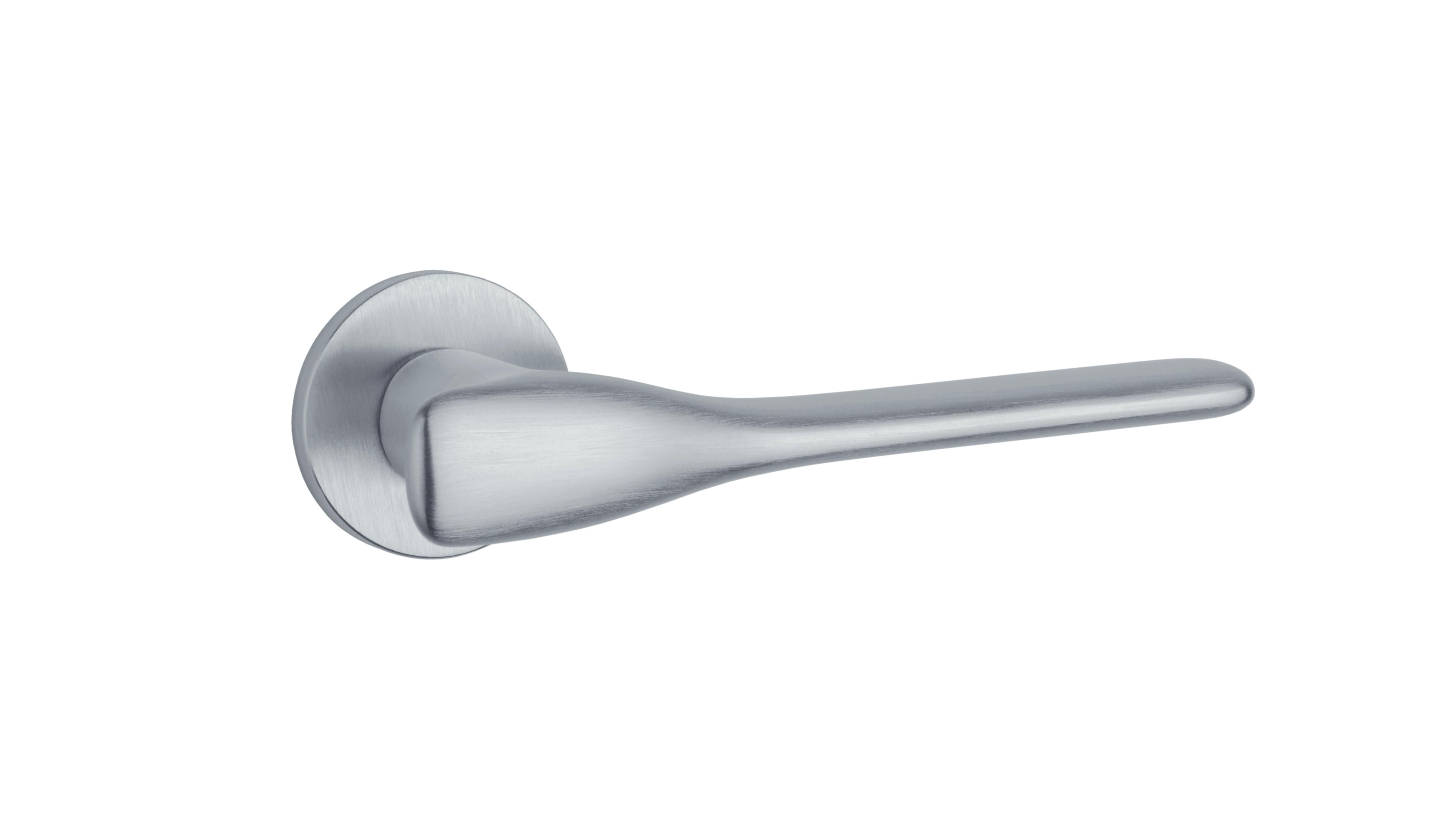 poigner pour porte de couleur chrome satine sur une rosace ronde, produit esthetique