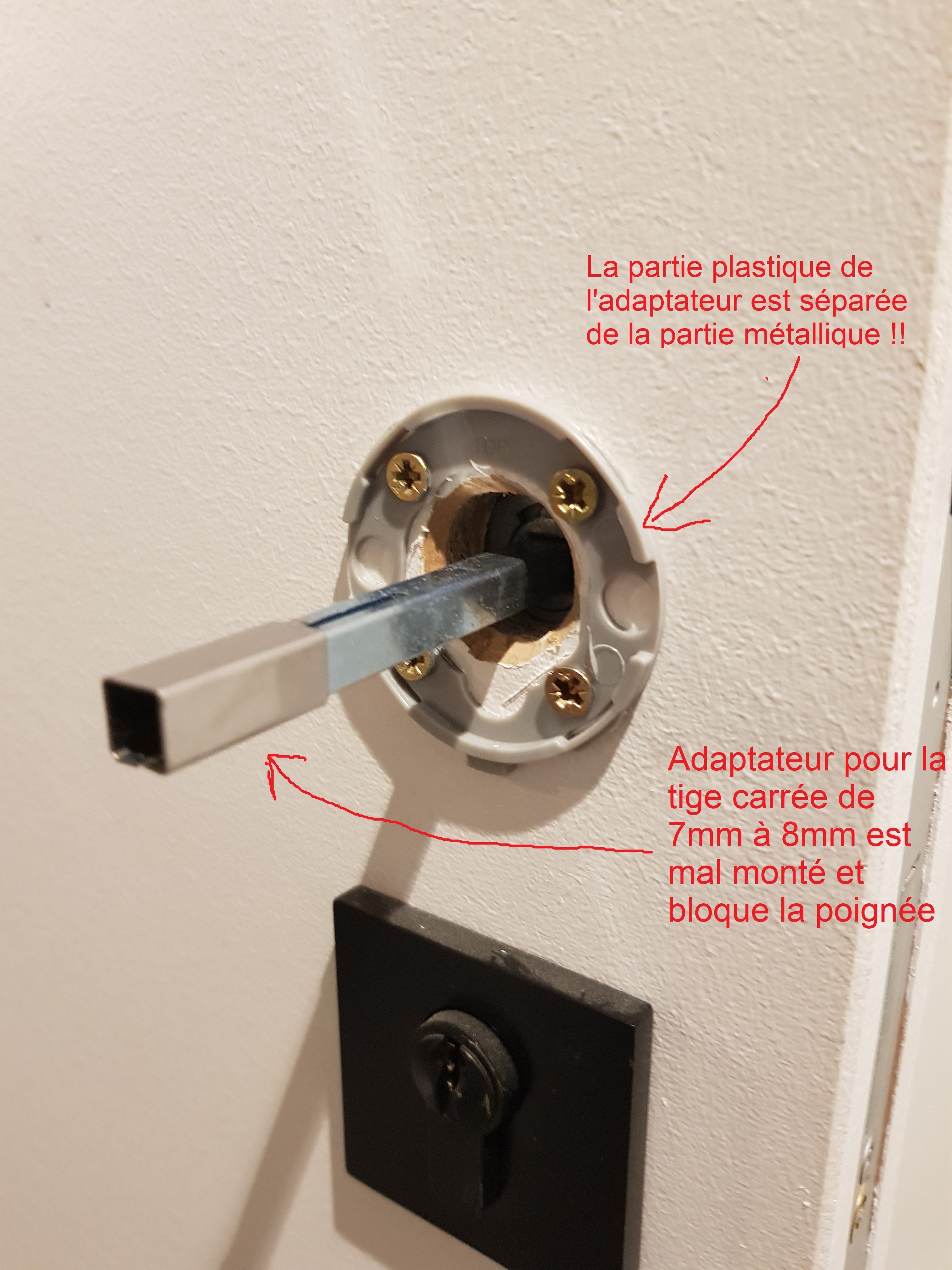 adaptateur de la poignee de porte mal installe