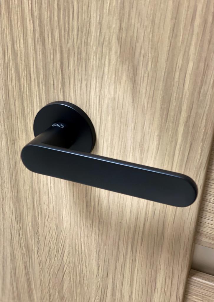 poignées de porte noires associées à une porte en couleur aspect bois