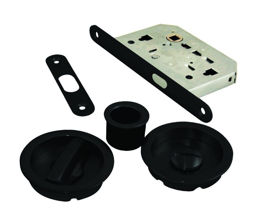 kit serrure avec poignée de porte noire ronde à encastrer pour porte coulissante ou à galandage