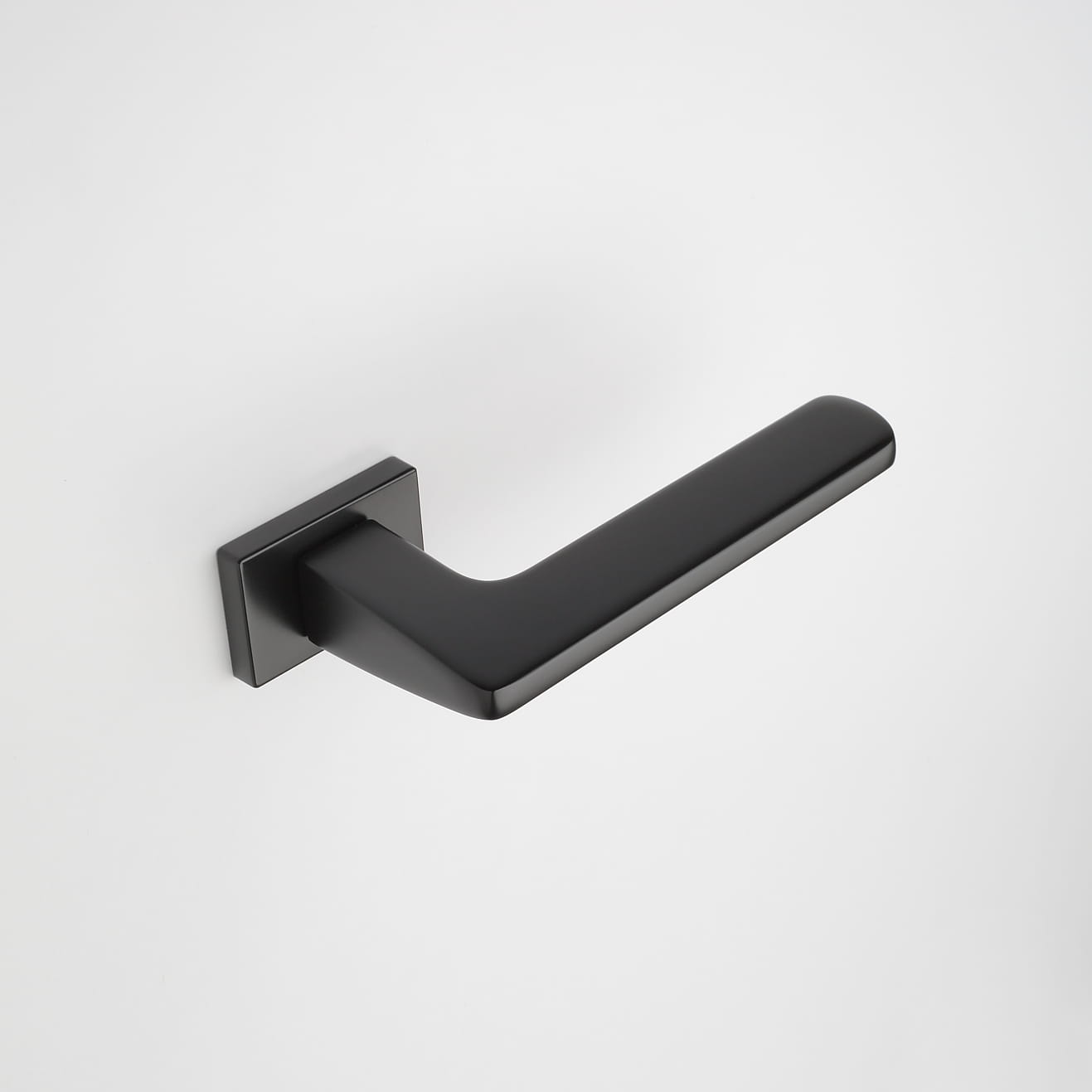 poignée de porte noire atypique sur une plaque de propreté rectangulaire
