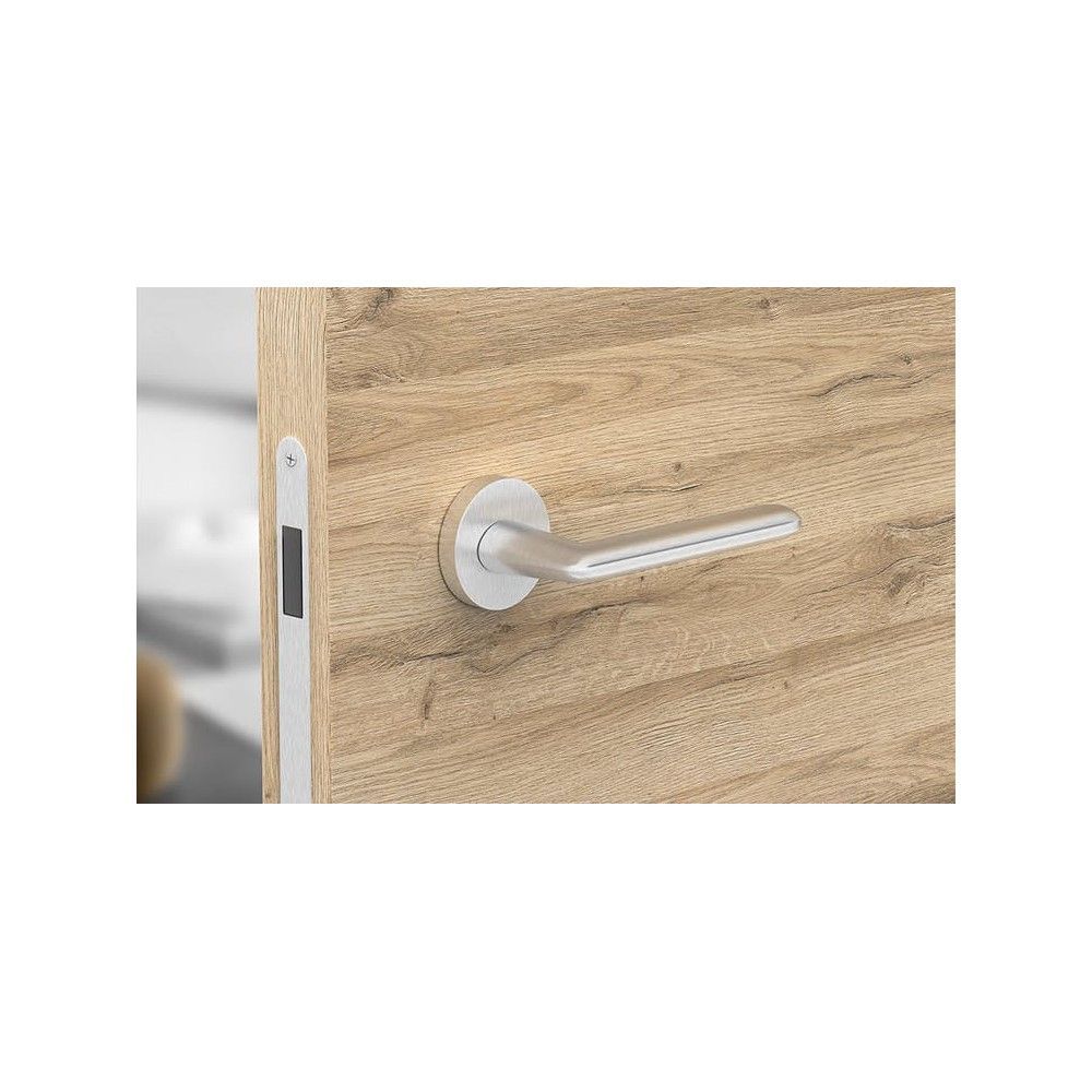 Poignée moderne au style rétro sur une plaque ronde posée sur une porte en bois clair