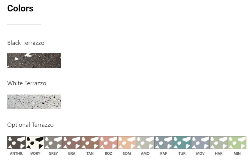 couleurs de terrazzo disponibles chez Urbi et Orbi