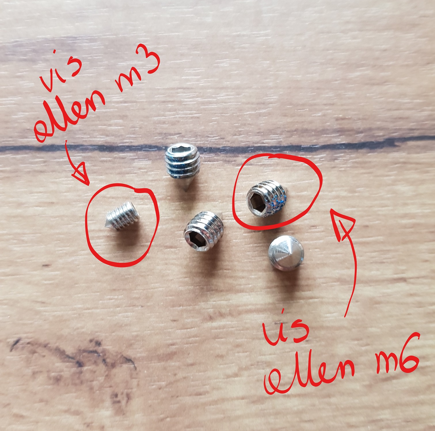 vis pointeau allen M6 et M3 pour installer la poignée porte - différence de taille dimensions