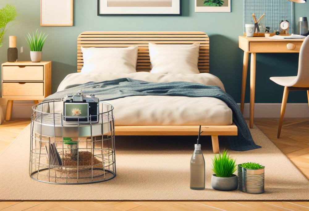 Chambre minimaliste avec des pots recyclés