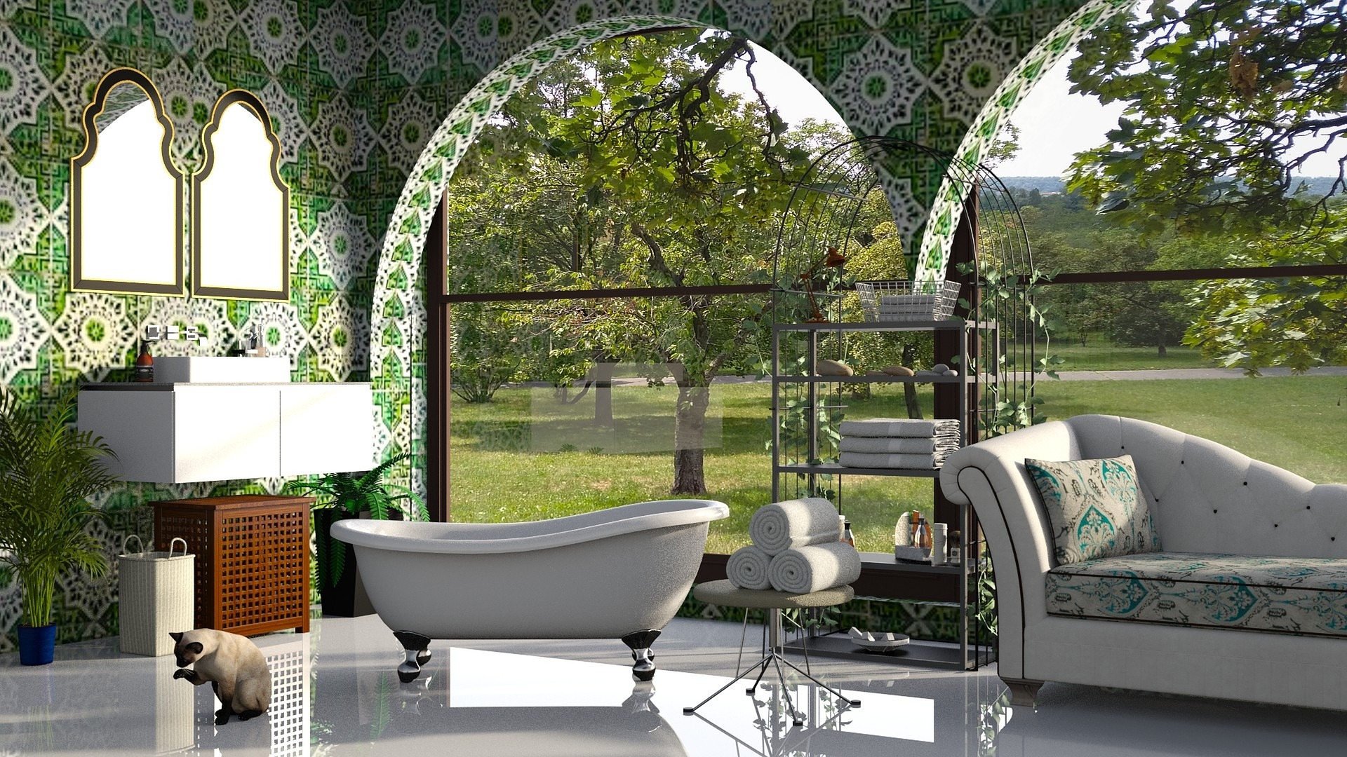 salle de bains à la décoratin verte et végétale